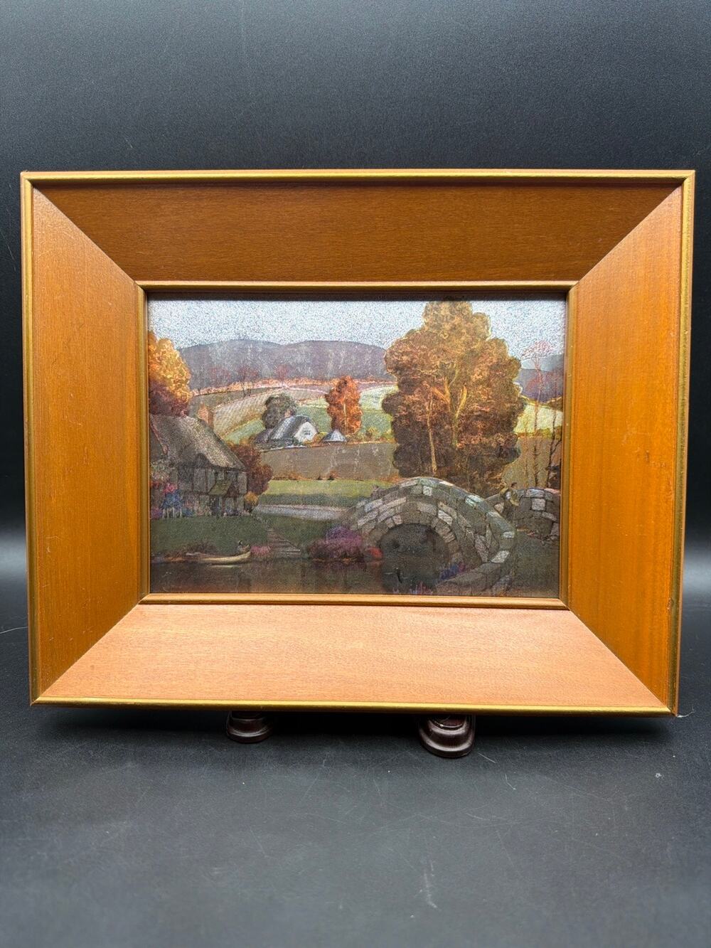 Vintage Franklin Picture Metallic Foil Landscape Print Stone Bridge Cottage 11x9